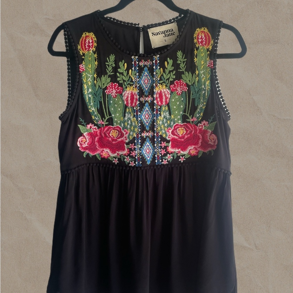 Savanna Jane Black Top with Vibrant Desert Floral Embroidery
